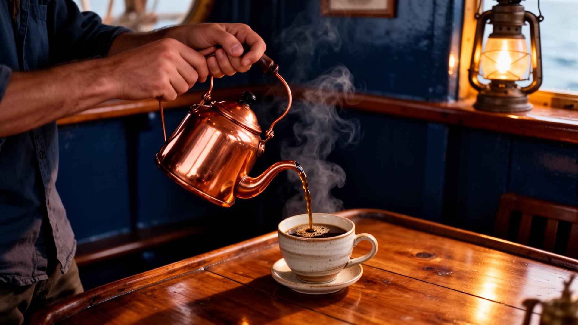 A slow pour into a heavy ceramic cup
