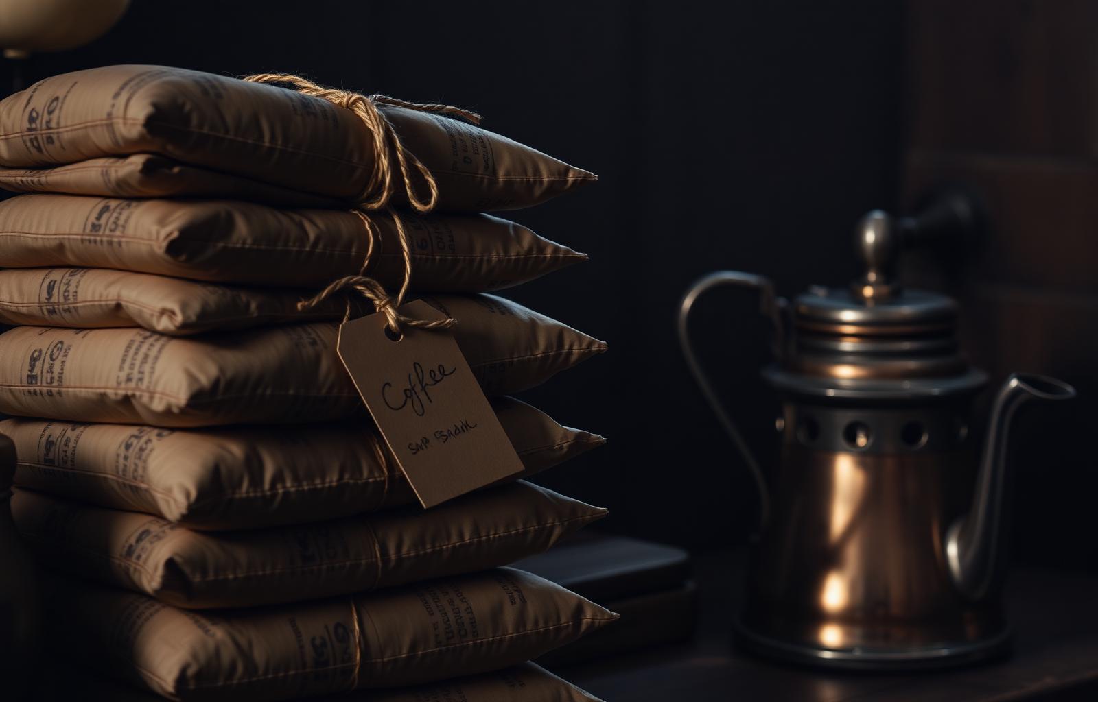 Stack of coffee bags tied with twine, ready to ship